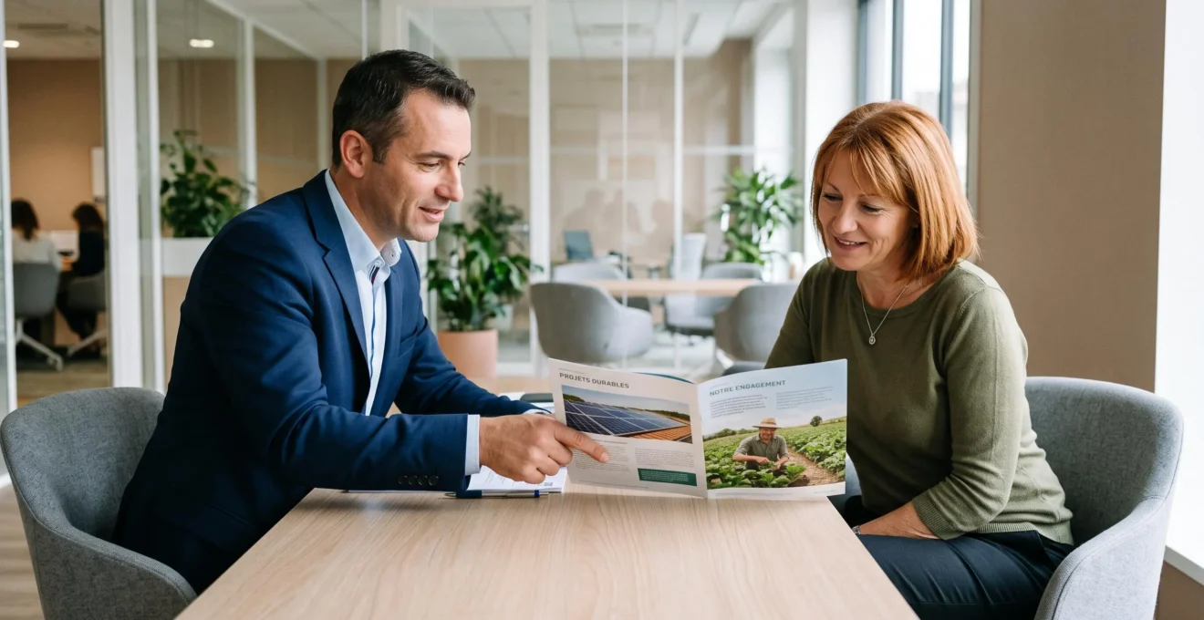 Conseiller bancaire et cliente examinant ensemble une brochure de projets de finance engagée dans un bureau de conseil bancaire moderne français