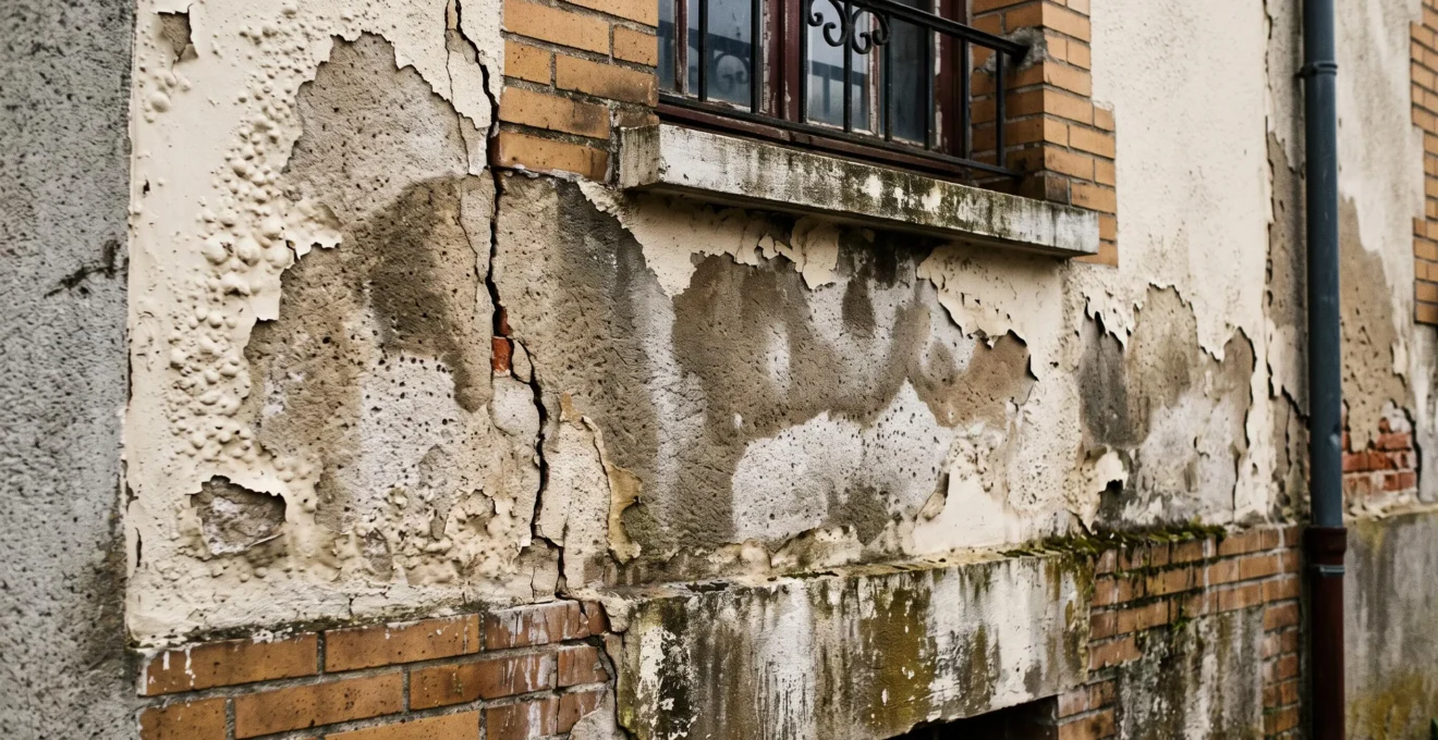 Façade de maison française en enduit traditionnel présentant des traces d'infiltration d'eau (auréoles sombres, peinture cloquée) et une fissure structurelle visible