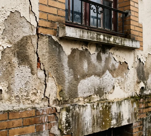 Façade de maison française en enduit traditionnel présentant des traces d'infiltration d'eau (auréoles sombres, peinture cloquée) et une fissure structurelle visible
