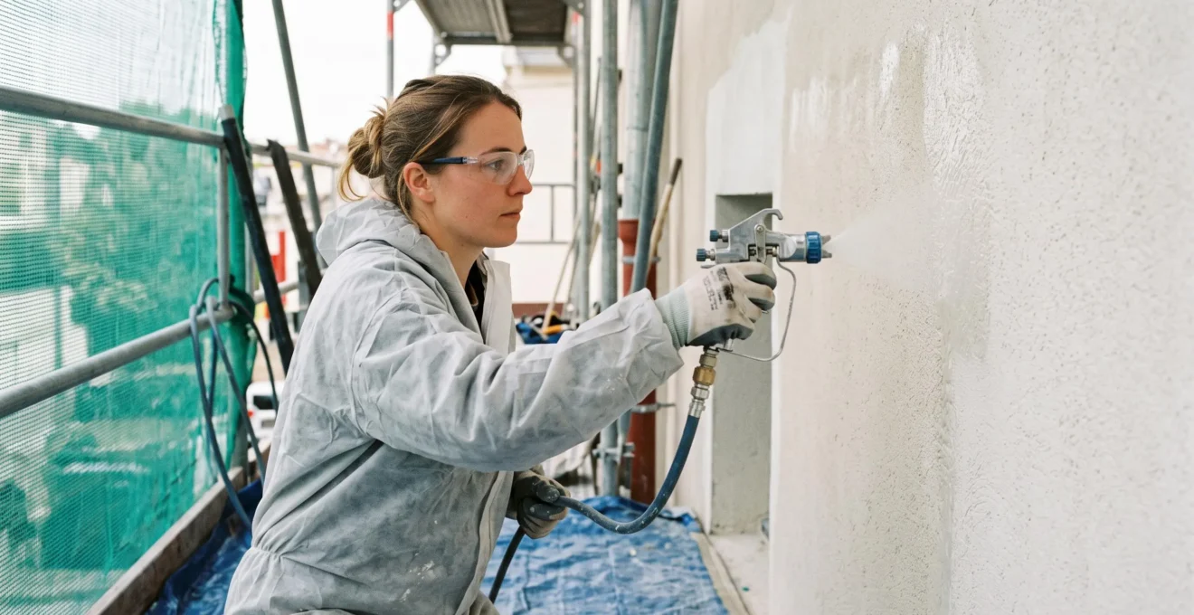 Façadière appliquant traitement hydrofuge transparent sur mur extérieur réparé avec pulvérisateur professionnel en contexte chantier