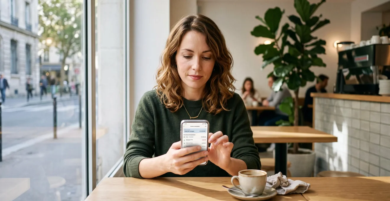 Femme trentenaire consultant son application bancaire mobile sur smartphone dans un café français moderne, écran affichant interface de compte en ligne en français