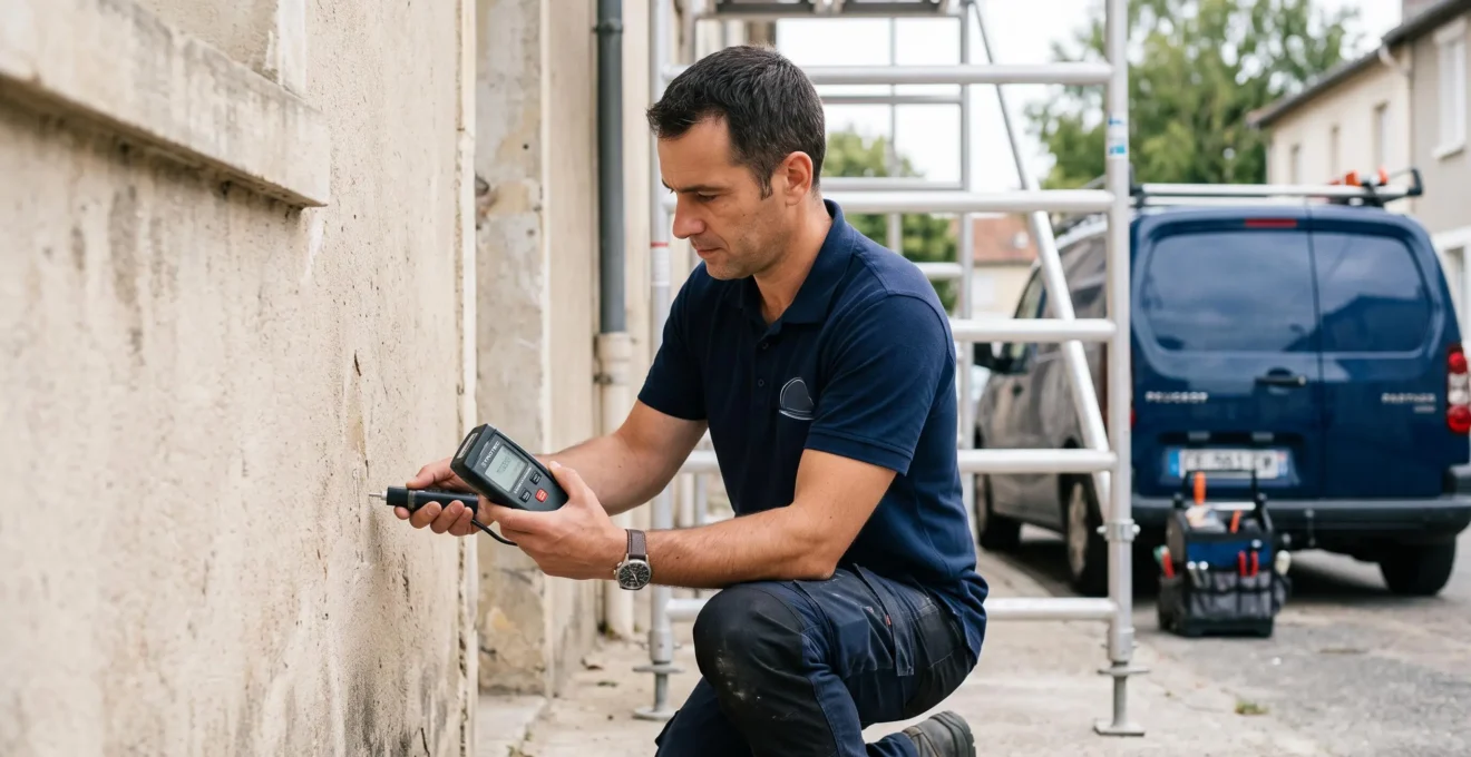 Technicien spécialisé en diagnostic humidité effectuant des mesures sur façade avec humidimètre numérique en contexte professionnel