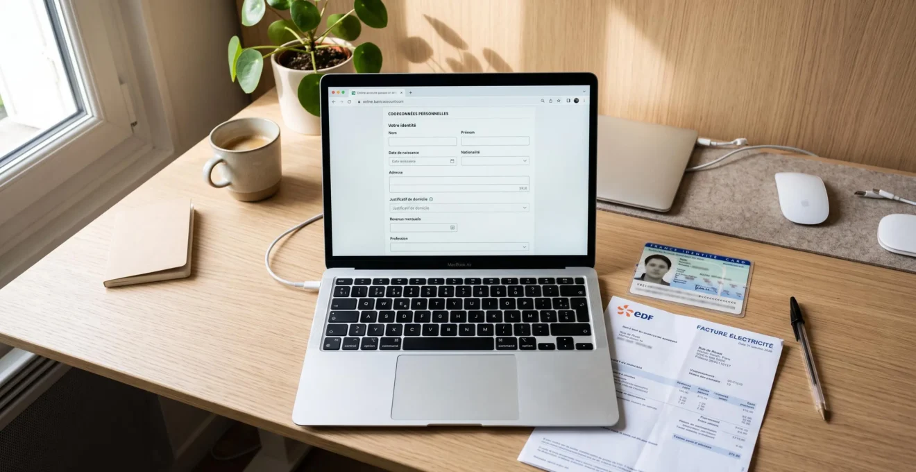 Vue en plongée sur bureau avec ordinateur portable affichant formulaire d'ouverture de compte bancaire en ligne en français, carte d'identité et justificatif de domicile posés à côté