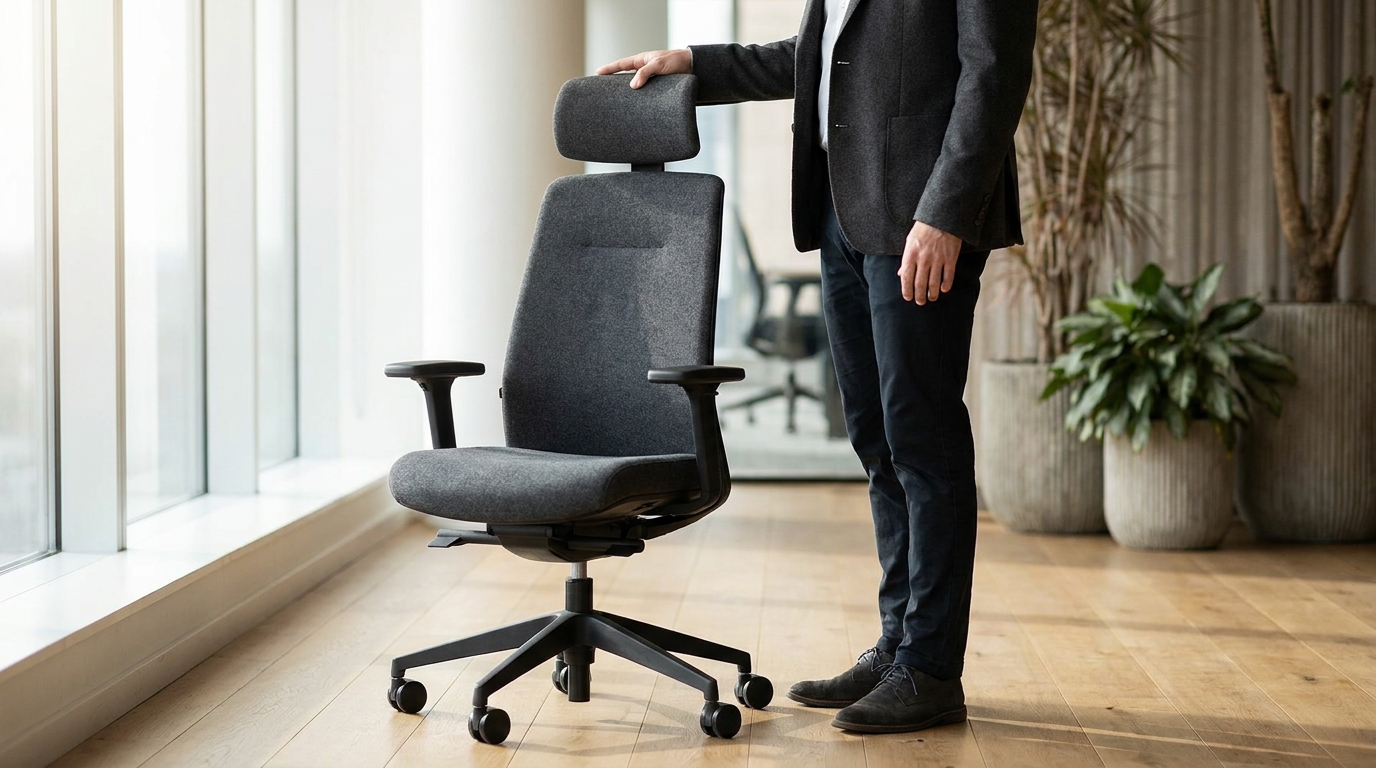 Professionnel debout vérifiant la hauteur de son siège de bureau par rapport à ses genoux Professionnel debout vérifiant la hauteur de son siège de bureau par rapport à ses genoux