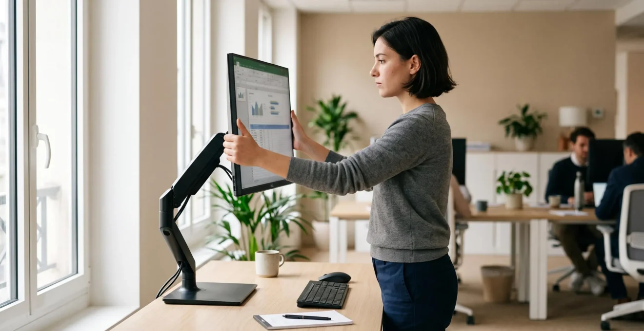 Personne debout ajustant la hauteur d'un écran d'ordinateur sur son support