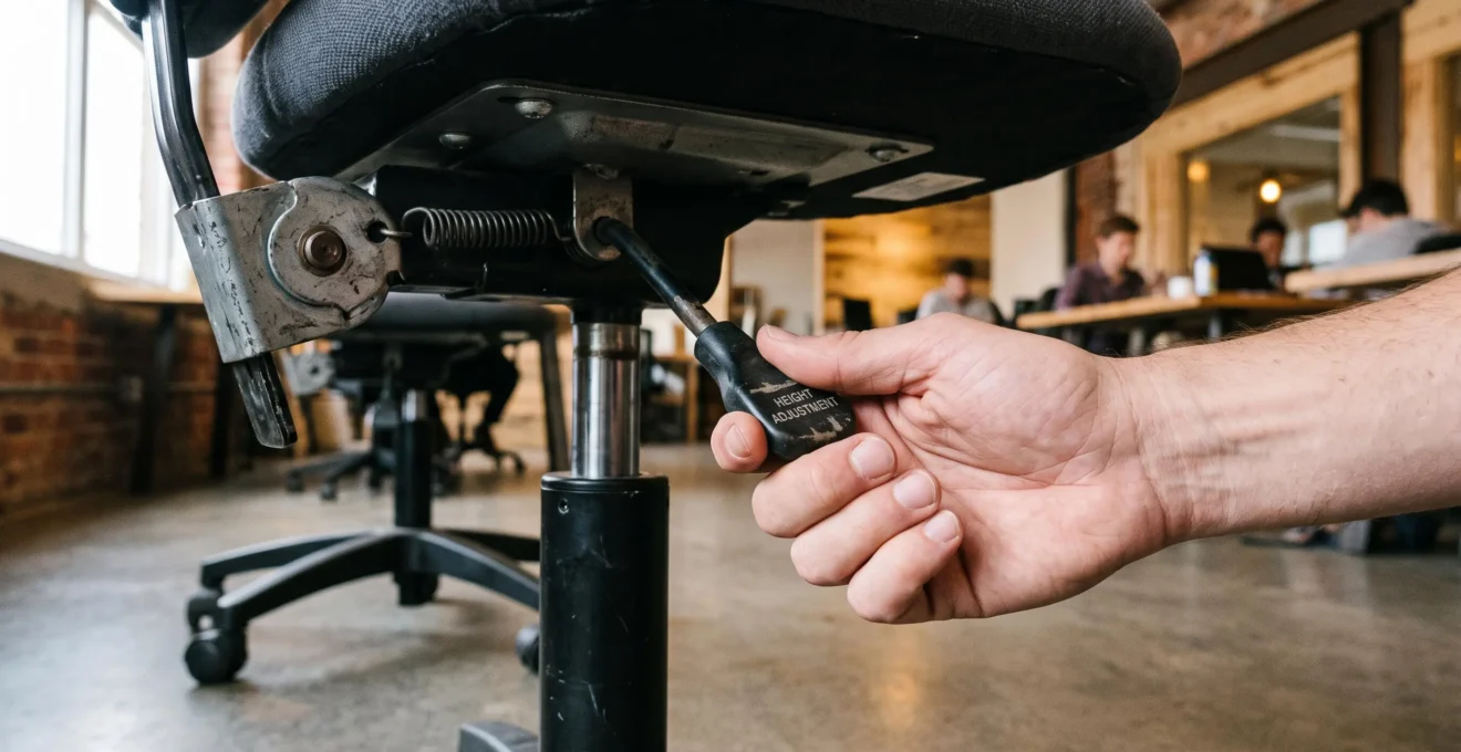 Gros plan sur des mains manipulant le levier de réglage sous une chaise de bureau