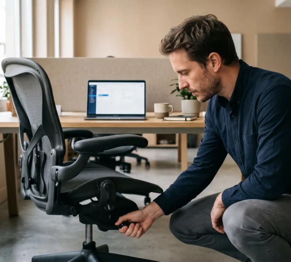 Personne ajustant le mécanisme de réglage en hauteur de sa chaise de bureau