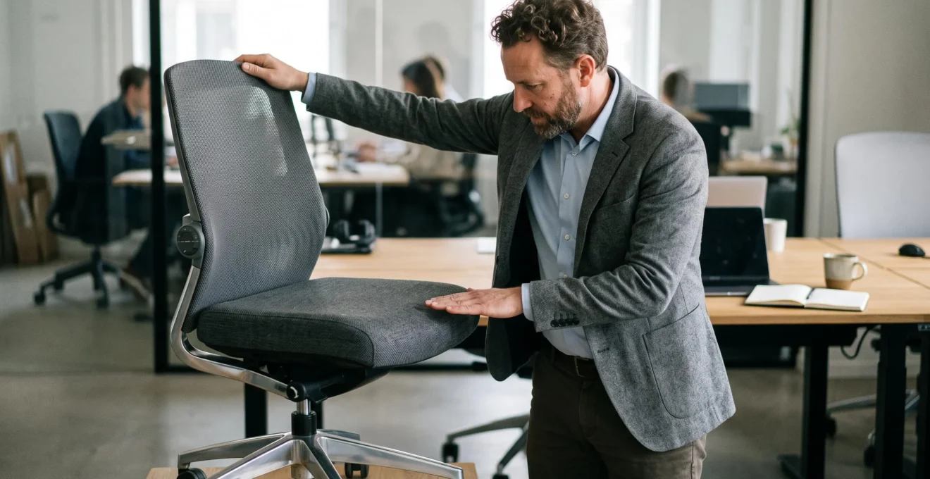 Professionnel debout vérifiant la hauteur de son siège de bureau par rapport à ses genoux