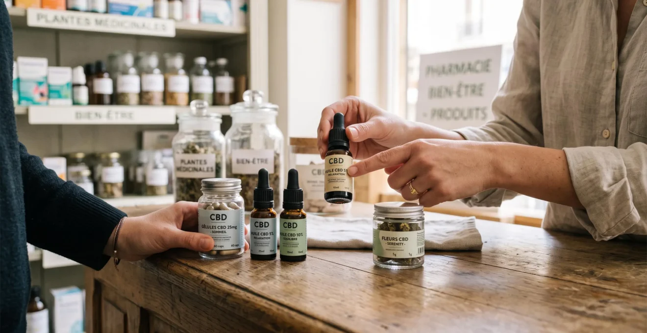 Un conseiller présente un flacon d'huile de CBD à une cliente au comptoir.