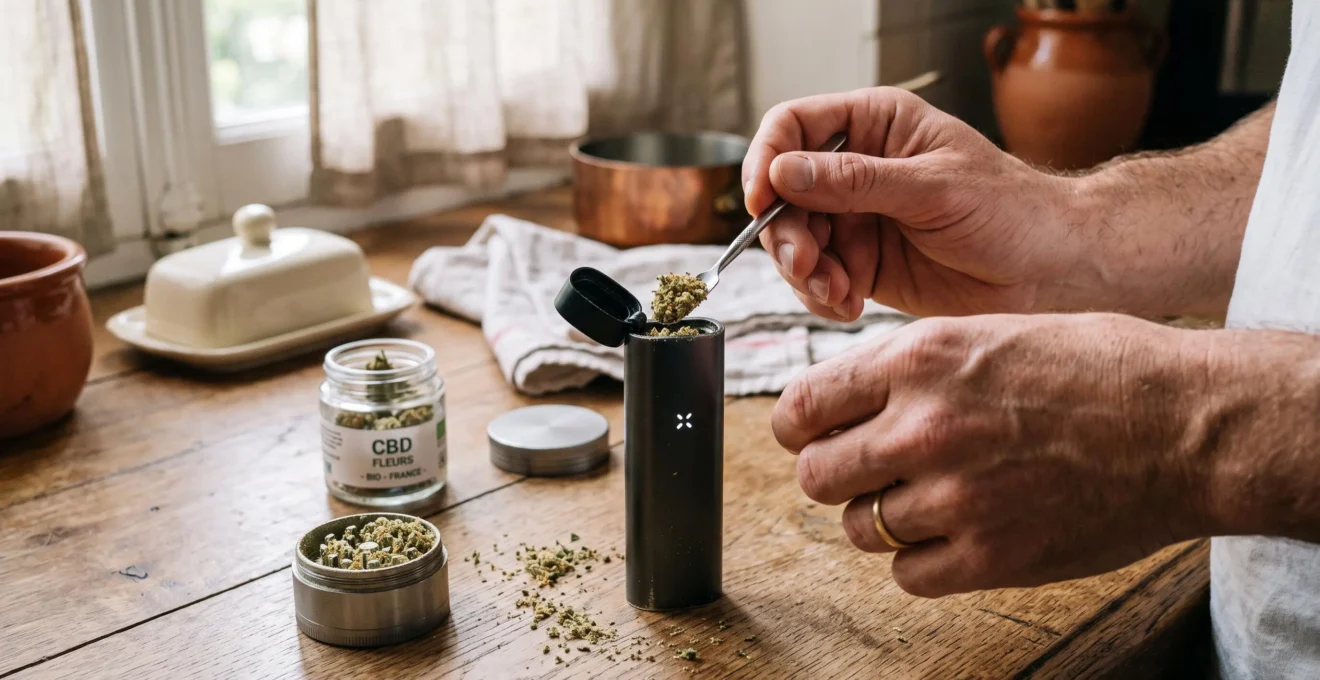 Des mains remplissent la chambre d'un vaporisateur avec de la fleur de CBD broyée.