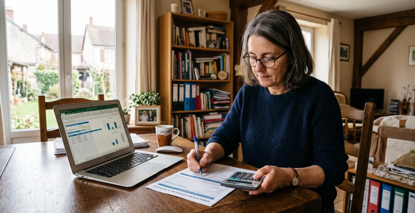 Une femme calcule son épargne retraite à une table avec un ordinateur portable.