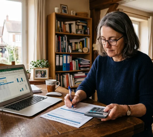 Une femme calcule son épargne retraite à une table avec un ordinateur portable.