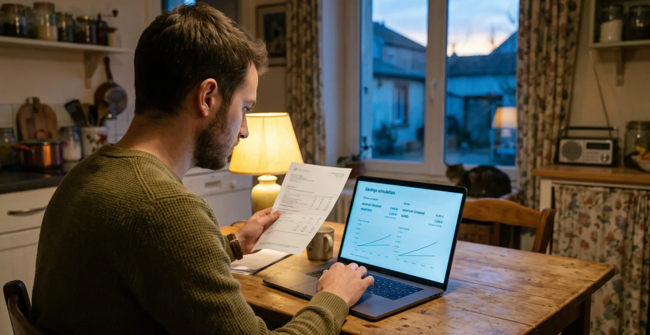 Un homme compare un document papier avec un simulateur affiché sur son ordinateur.